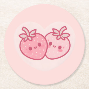 Kawaii Pink Valentines Erdbeeren Runder Pappuntersetzer