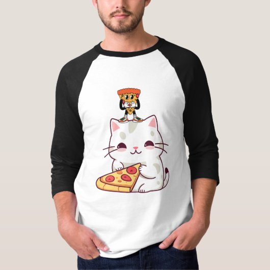 Kawaii Pizza Cat & Little Pizza Buddy Funny Graphi T-Shirt (Vorderseite)
