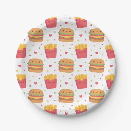Kawaii Pommes Frites und Burger Muster Pappteller (Vorderseite)