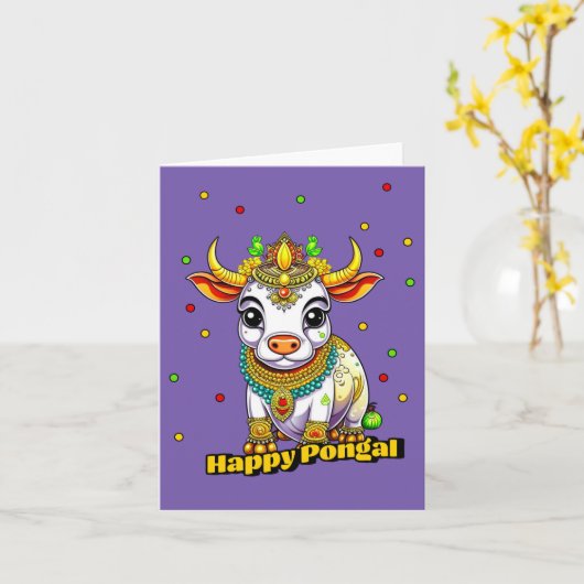 Kawaii Pongal dekorierte Kuh Karte (Gelbe Blume)