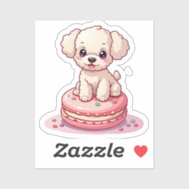 Kawaii Poodle sitzt auf Macaron Aufkleber