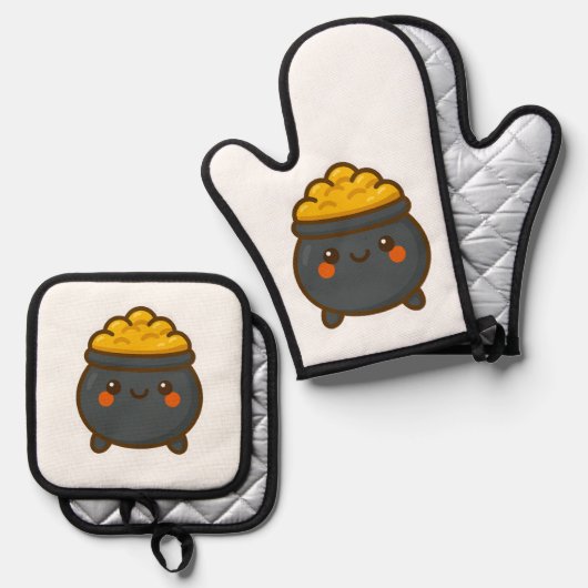 Kawaii Pot of Gold Ofenhandschuh & Topflappen-Set (Vorderseite/Rückseite)