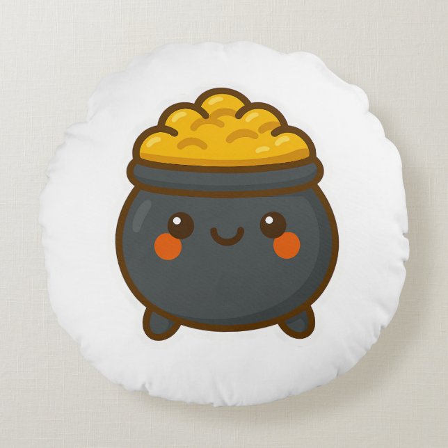 Kawaii Pot of Gold Rundes Kissen (Vorderseite)