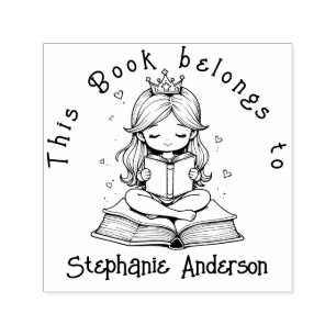 Kawaii Princess Book Reading Crown Hearts Library Permastempel