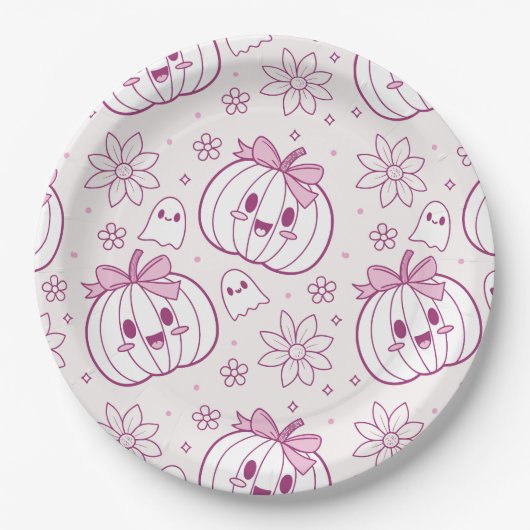 Kawaii Pumpkins, Geister und Blume Pappteller (Vorderseite)