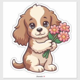 Kawaii Pup Holding-Blume Aufkleber