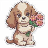 Kawaii Pup Holding-Blume Aufkleber (Vorderseite)