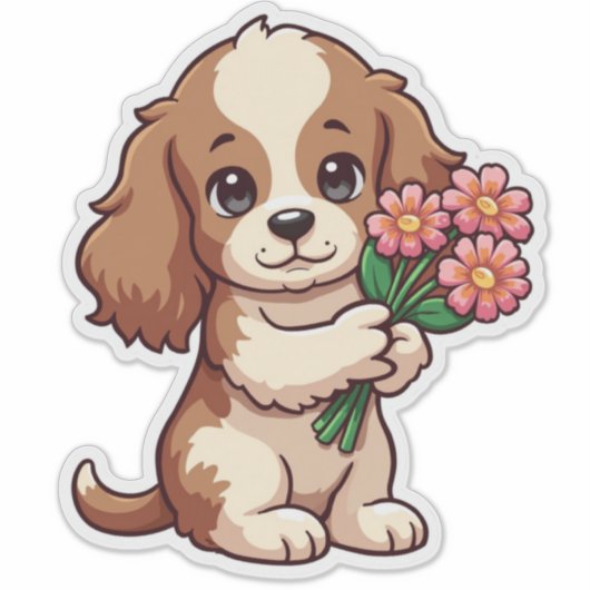 Kawaii Pup Holding-Blume Aufkleber (Vorderseite)