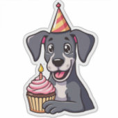 Kawaii Pup mit Birthday Cupcake Aufkleber (Vorderseite)