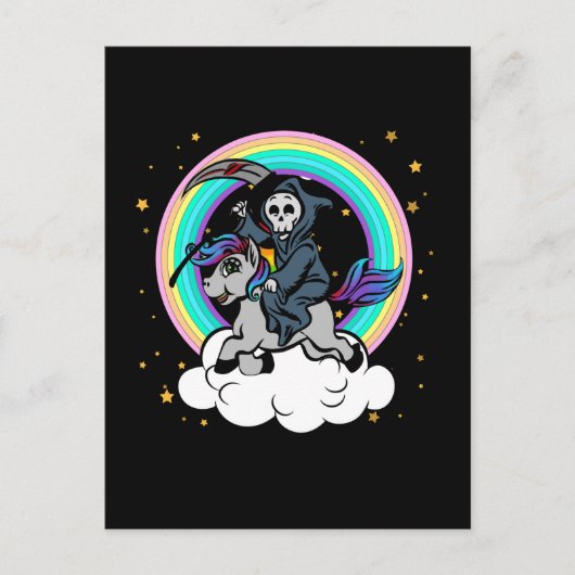 Kawaii Rainbow Grim Sensenmann Reiten Unicorn Postkarte (Vorderseite)