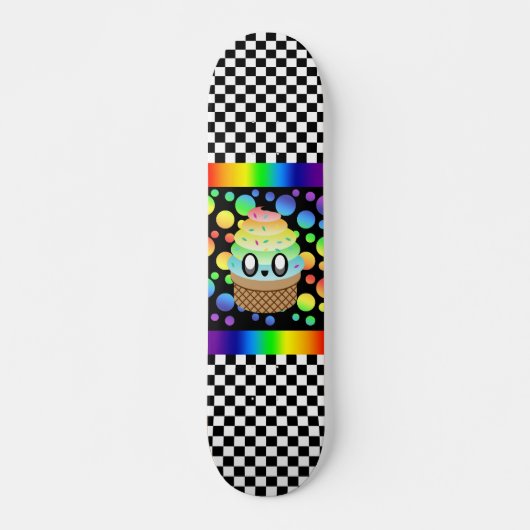 Kawaii Rainbow Ice Creme Cone Checkerboard Skateboard (Vorne)