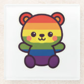 Kawaii Rainbow Teddy - Ein Niedlicher LGBTQ+-Prix- Glasuntersetzer (Vorderseite)