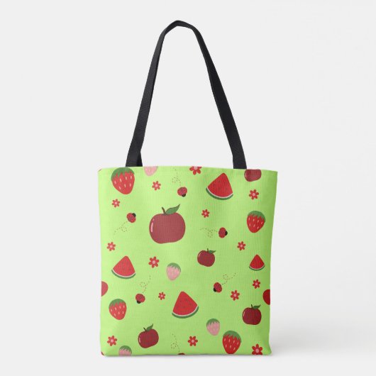 Kawaii Red Fruits Pattern in Lime Green Tasche (Rückseite)