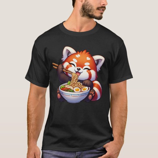 Kawaii Red Panda Eating Ramen Noodle Anime T-Shirt (Vorderseite)