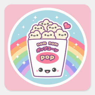 Kawaii Regenbogen-Popcorn Quadratischer Aufkleber
