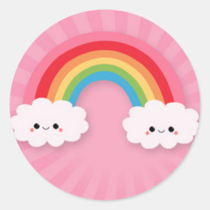Kawaii Regenbogen und Wolken auf rosa Sternexplosi Runder Aufkleber