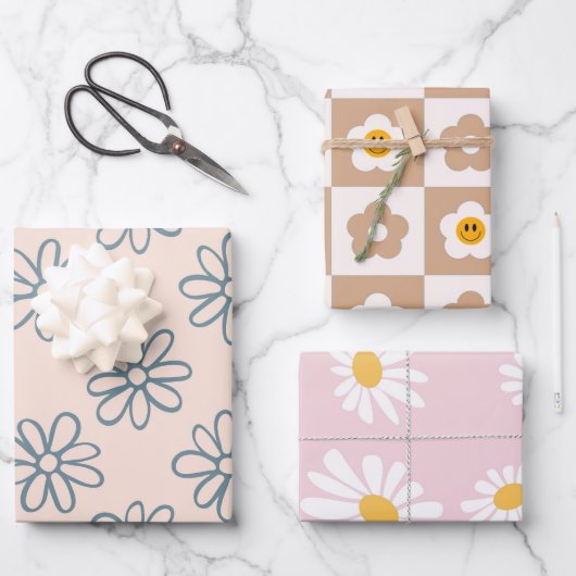 Kawaii Retro Pink Daisy Geschenkpapier Set (Vorderseite)