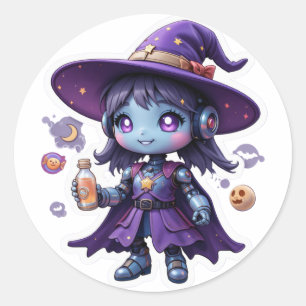 Kawaii Robot Witch Girl Niedliche Sci-Fi-Sorcerin Runder Aufkleber