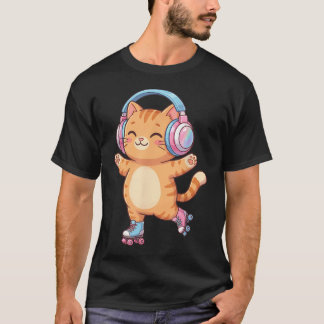 Kawaii-Rollschuh-Tabby-Katze-Musik-Kopfhörer T-Shirt