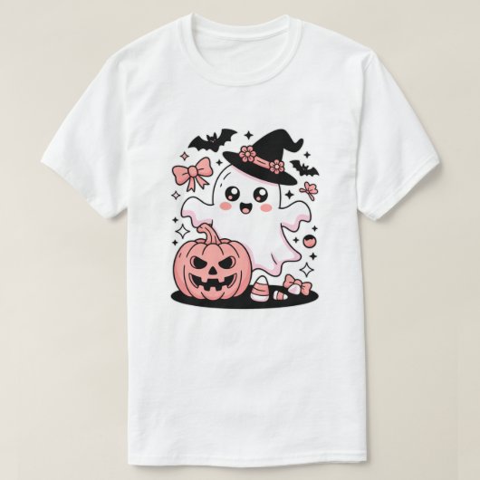 Kawaii Rosa HexenGeist mit Pumpkin und Bows T-Shirt (Design vorne)