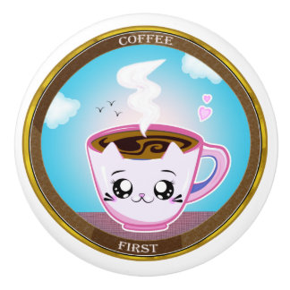 Kawaii rosa Katze Tasse Kaffee. Kaffee zuerst Keramikknauf