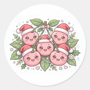 Kawaii Rosa Kirschen-Weihnachtsmannmützen Weihnach Runder Aufkleber