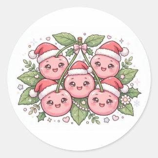 Kawaii Rosa Kirschen-Weihnachtsmannmützen Weihnach Runder Aufkleber