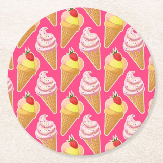 Kawaii-rosa Muster mit Erdbeereis Runder Pappuntersetzer (Vorderseite)