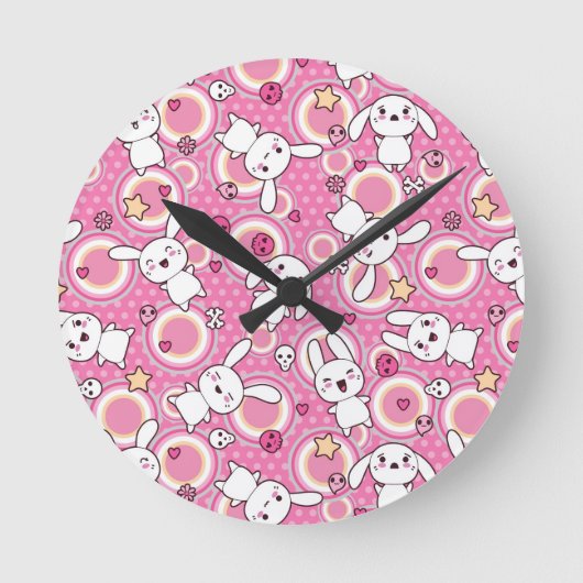 Kawaii-Rosa-Muster Runde Wanduhr (Vorderseite)