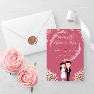 Kawaii Rosa und Gold Thema Chibi Couple Wedding Einladung