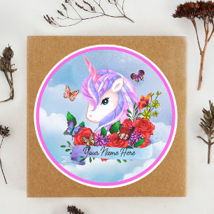 Kawaii Rosa und lila Einhorn mit rote Rosen Runder Aufkleber