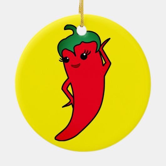 Kawaii rote scharfe Paprika-Diva Keramik Ornament (Hinten)