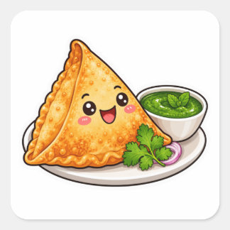 Kawaii Samosa Aufkleber, Süße indische Lebensmitte Quadratischer Aufkleber