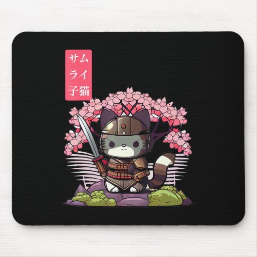 Kawaii Samurai Kitten mit Cherry Blossom Japanisch Mousepad (Vorne)