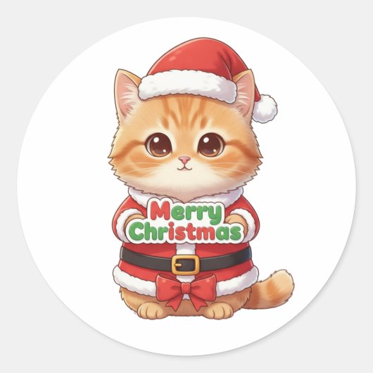 Kawaii Santa Cat Merry Christmas Runder Aufkleber (Vorderseite)