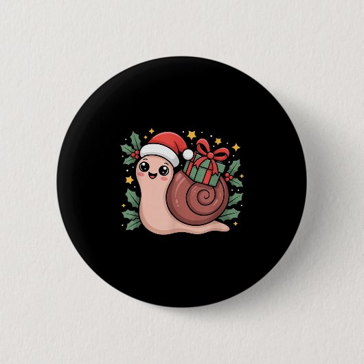 Kawaii Santa Snail With Wrapped Box And Holly Star Button (Vorderseite)