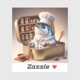 Kawaii Sardinenkoch in einer winzigen Küche Aufkleber