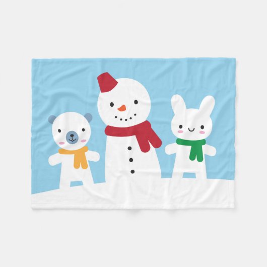 Kawaii Schneetag mit Hase und Bär Fleecedecke (Vorderseite (Horizontal))
