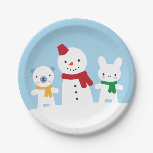 Kawaii Schneetag mit Hase und Bär Pappteller (Vorderseite)