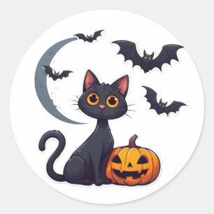 Kawaii Schwarze Katze und freundliche Fledermäuse  Runder Aufkleber