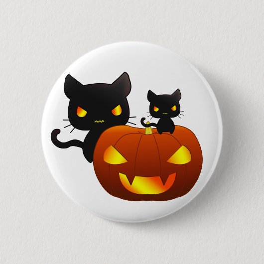 Kawaii schwarze Katzen und Halloween-Kürbis Button (Vorderseite)