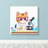 Kawaii Scientist Cat – Cute Cartoon Lab Canvas Art Leinwanddruck (Insitu (Holzboden))