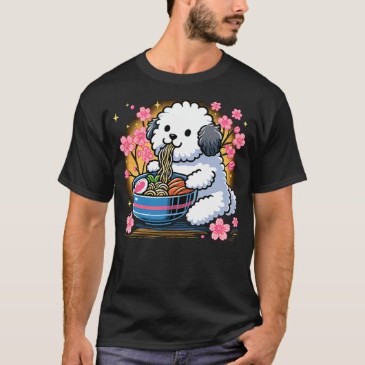 Kawaii Sheepadoodle dog Eating Ramen T-Shirt (Vorderseite)