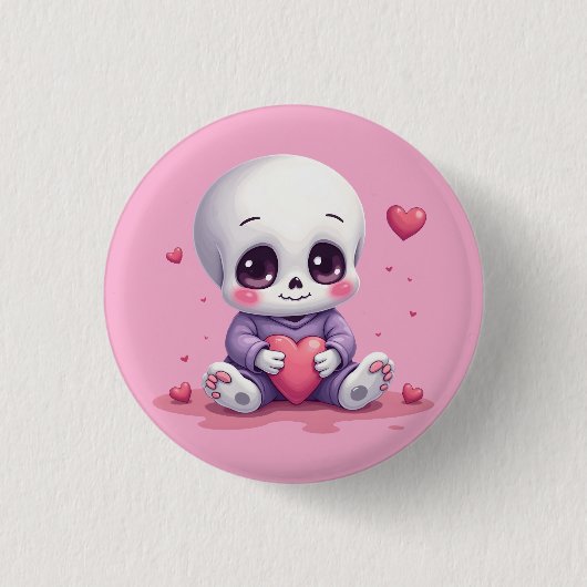 Kawaii Skeleton Holding Heart Button (Vorderseite)