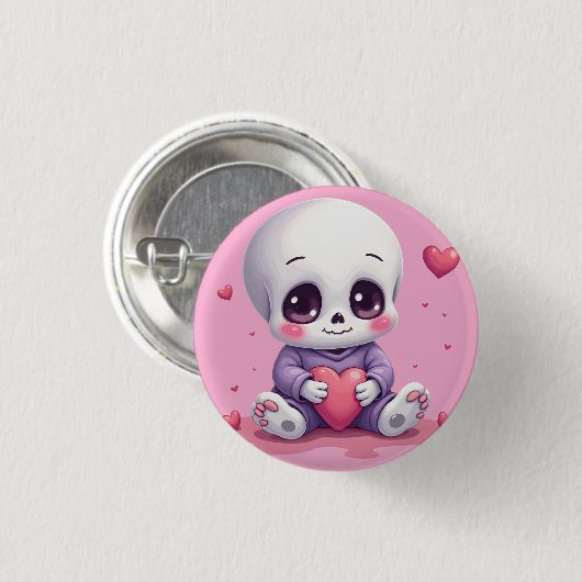 Kawaii Skeleton Holding Heart Button (Vorne & Hinten)