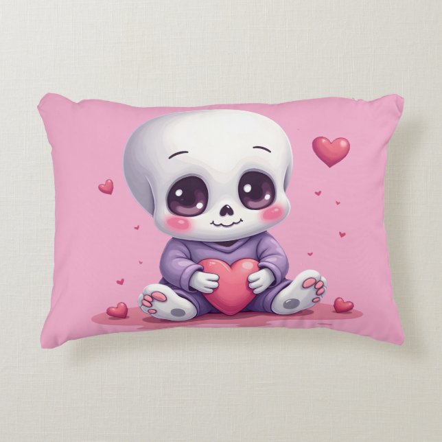 Kawaii Skeleton Holding Heart Dekokissen (Vorderseite)
