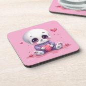 Kawaii Skeleton Holding Heart Getränkeuntersetzer (Linke Seite)