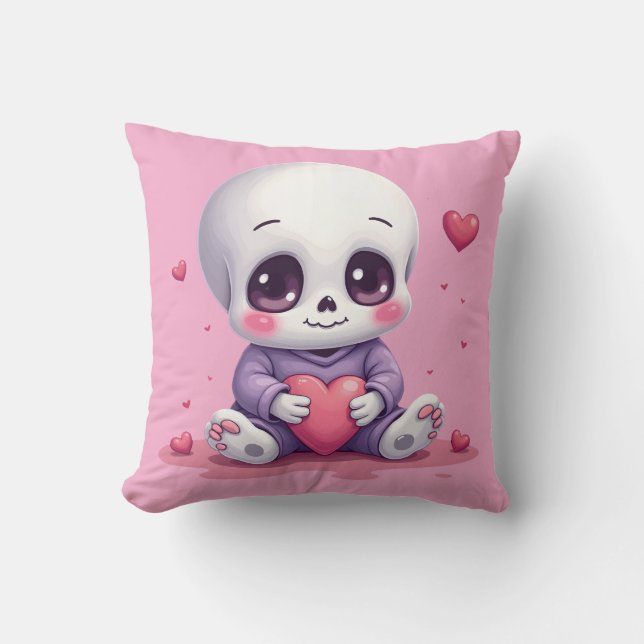 Kawaii Skeleton Holding Heart Kissen (Vorderseite)