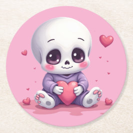 Kawaii Skeleton Holding Heart Runder Pappuntersetzer