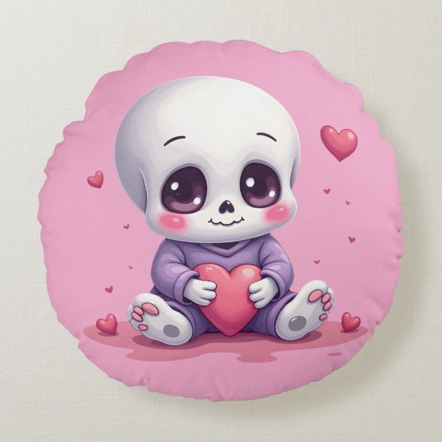 Kawaii Skeleton Holding Heart Rundes Kissen (Vorderseite)